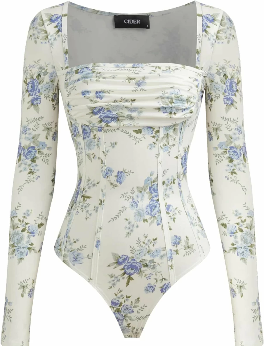 CIDER Women's Floral Ruched Corset Bodysuit - Square Neck Stretchable Comfort Fit