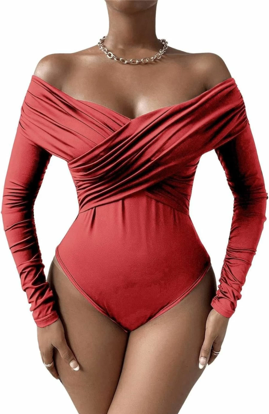 OYOANGLE Women's Off-Shoulder Ruched Bodysuit Top - Long Sleeve Party Clubwear Skinny Leotard for Women