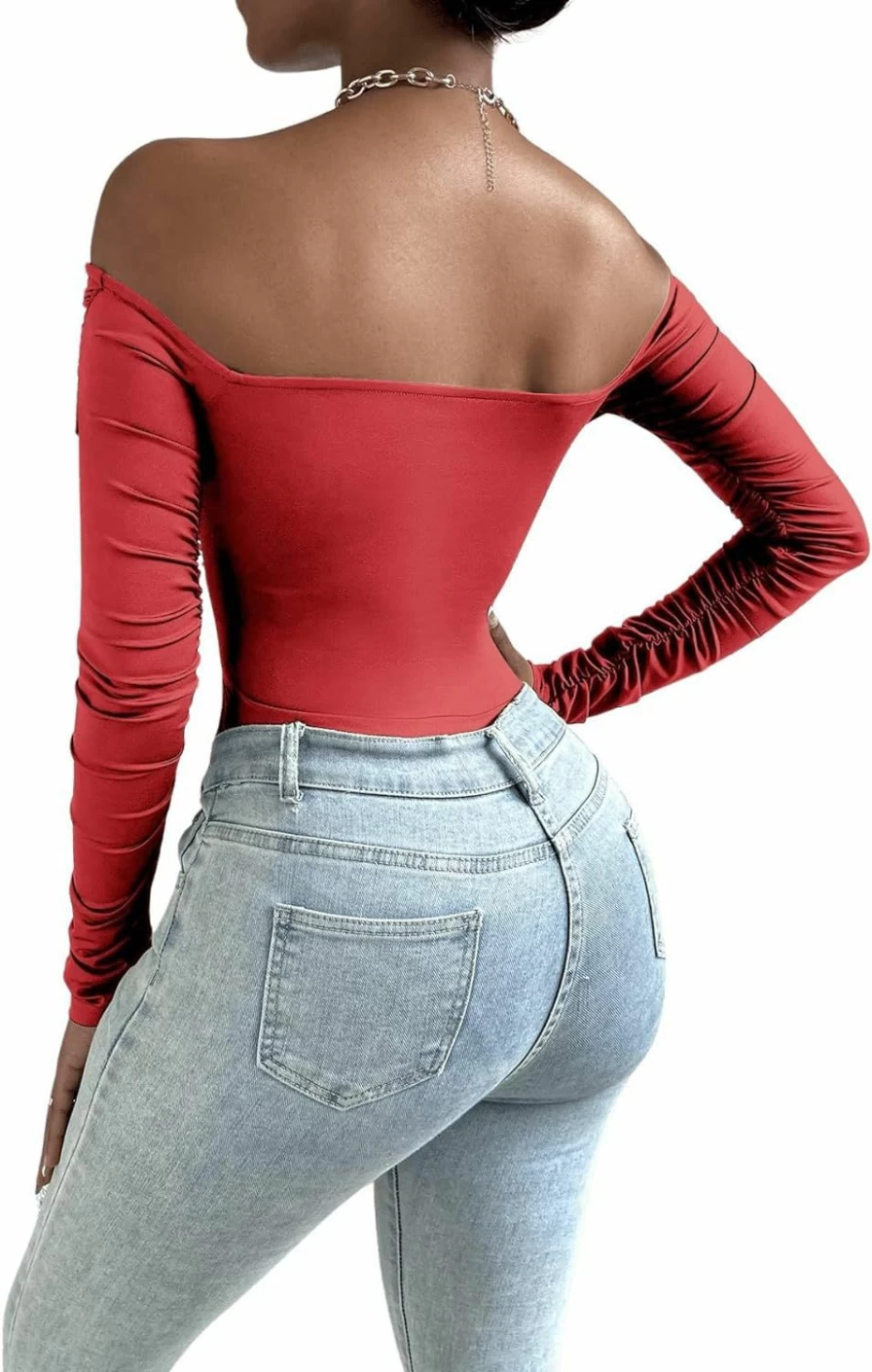 OYOANGLE Women's Off-Shoulder Ruched Bodysuit Top - Long Sleeve Party Clubwear Skinny Leotard for Women
