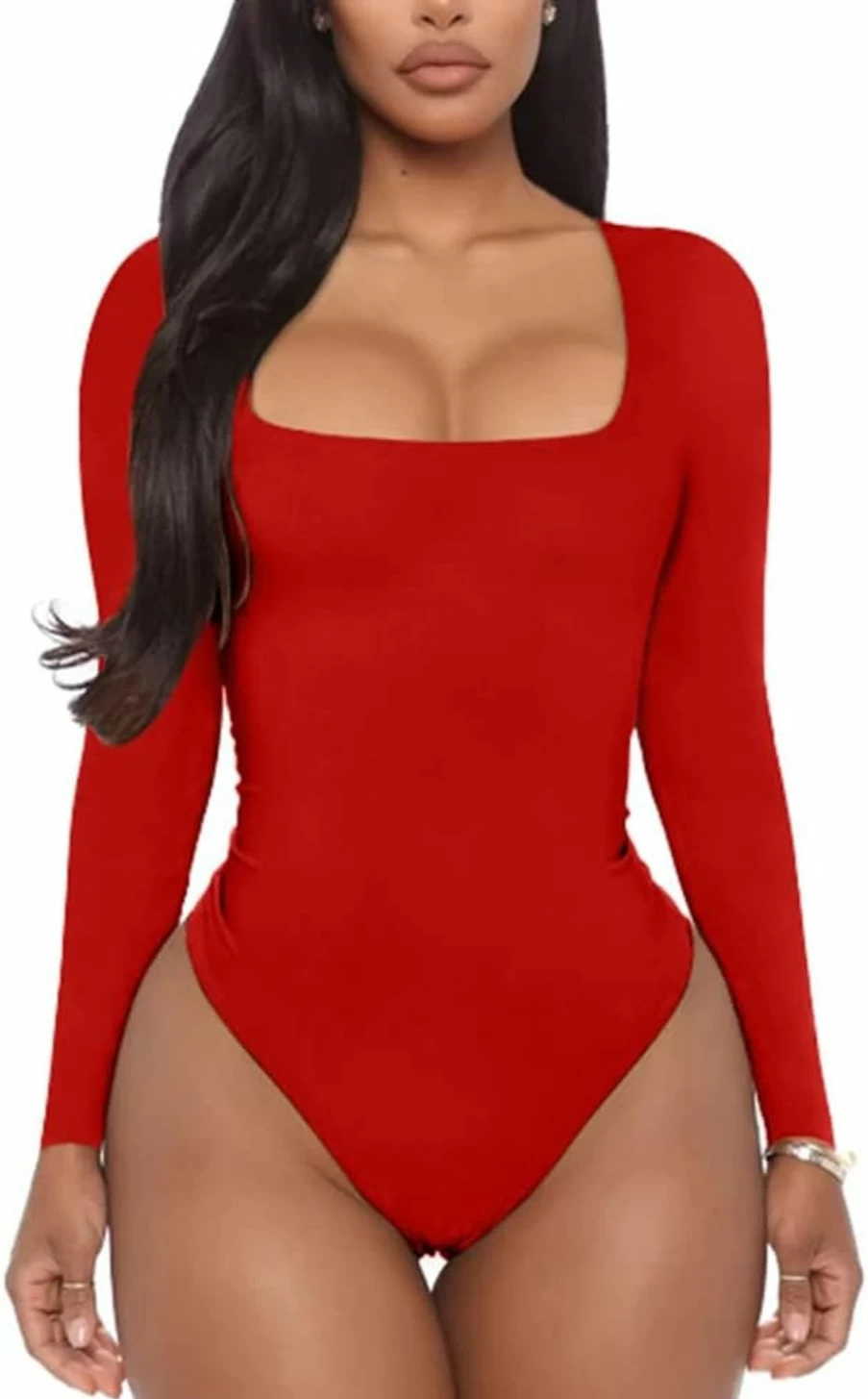 YMDUCH Women's Square Neck Long Sleeve Leotard Bodysuit - Sexy Jumpsuit Tops for Women