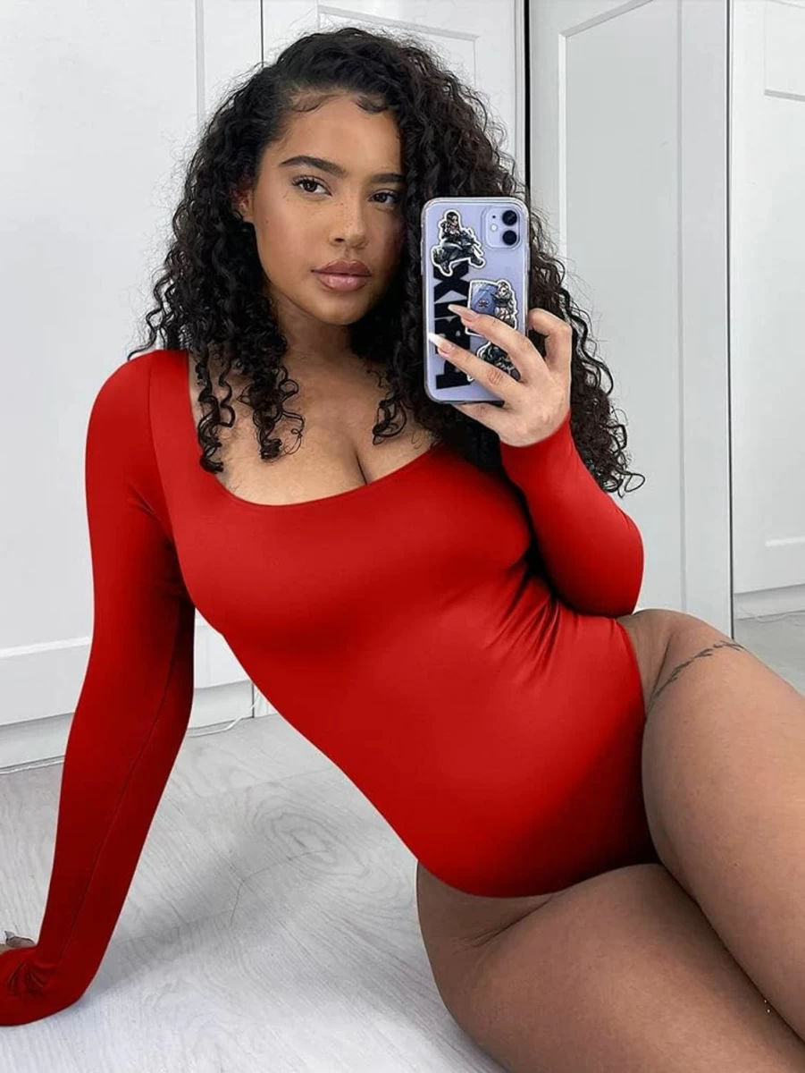 YMDUCH Women's Square Neck Long Sleeve Leotard Bodysuit - Sexy Jumpsuit Tops for Women