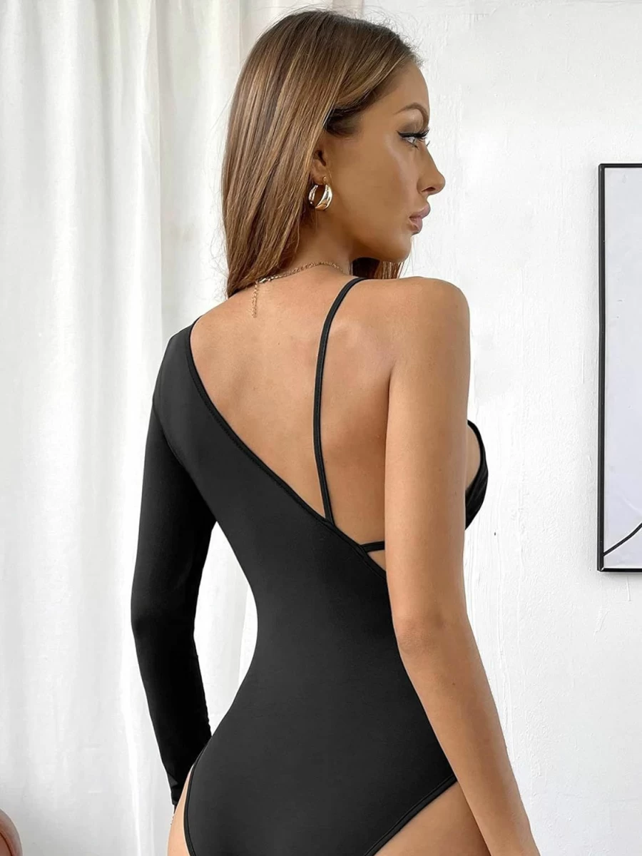 Milumia Women's One Shoulder Asymmetrical Long Sleeve Bodysuit - Sexy Cut Out Tops for Women