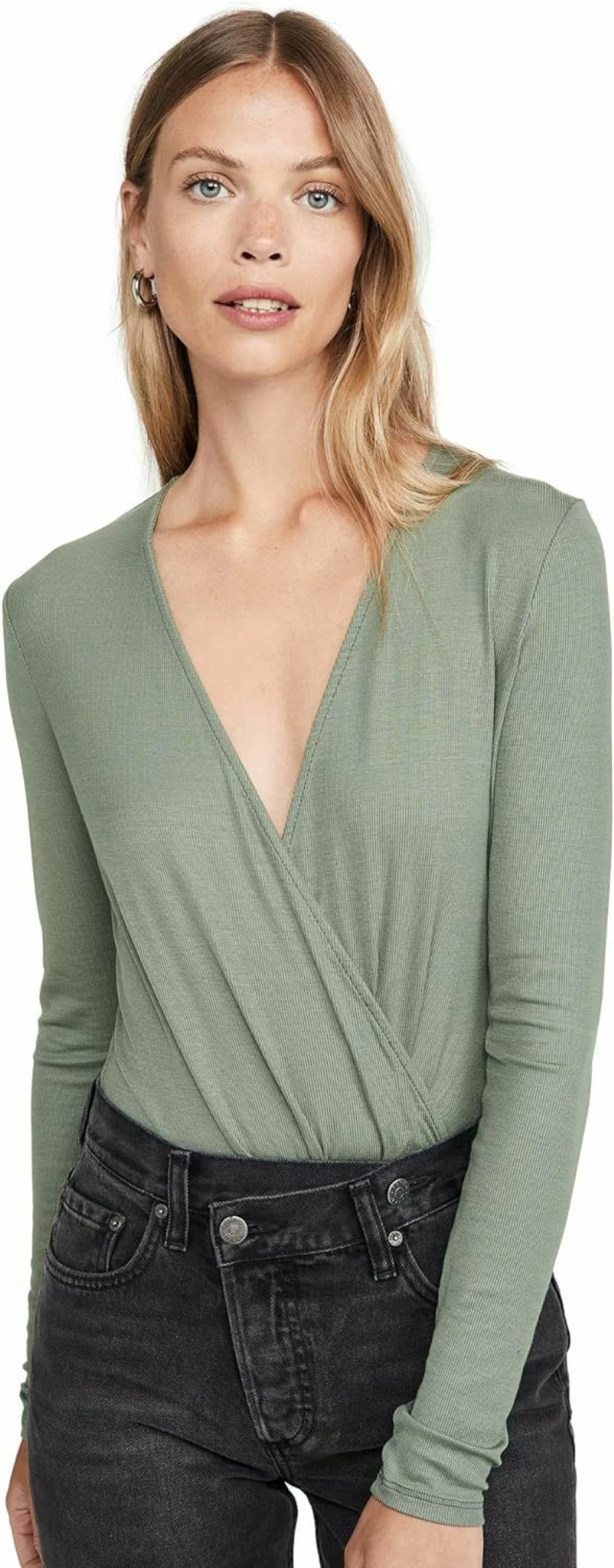 AG Adriano Goldschmied Women's Lola Ribbed Bodysuit - Long Sleeve Deep V-Neck Stretch Jersey