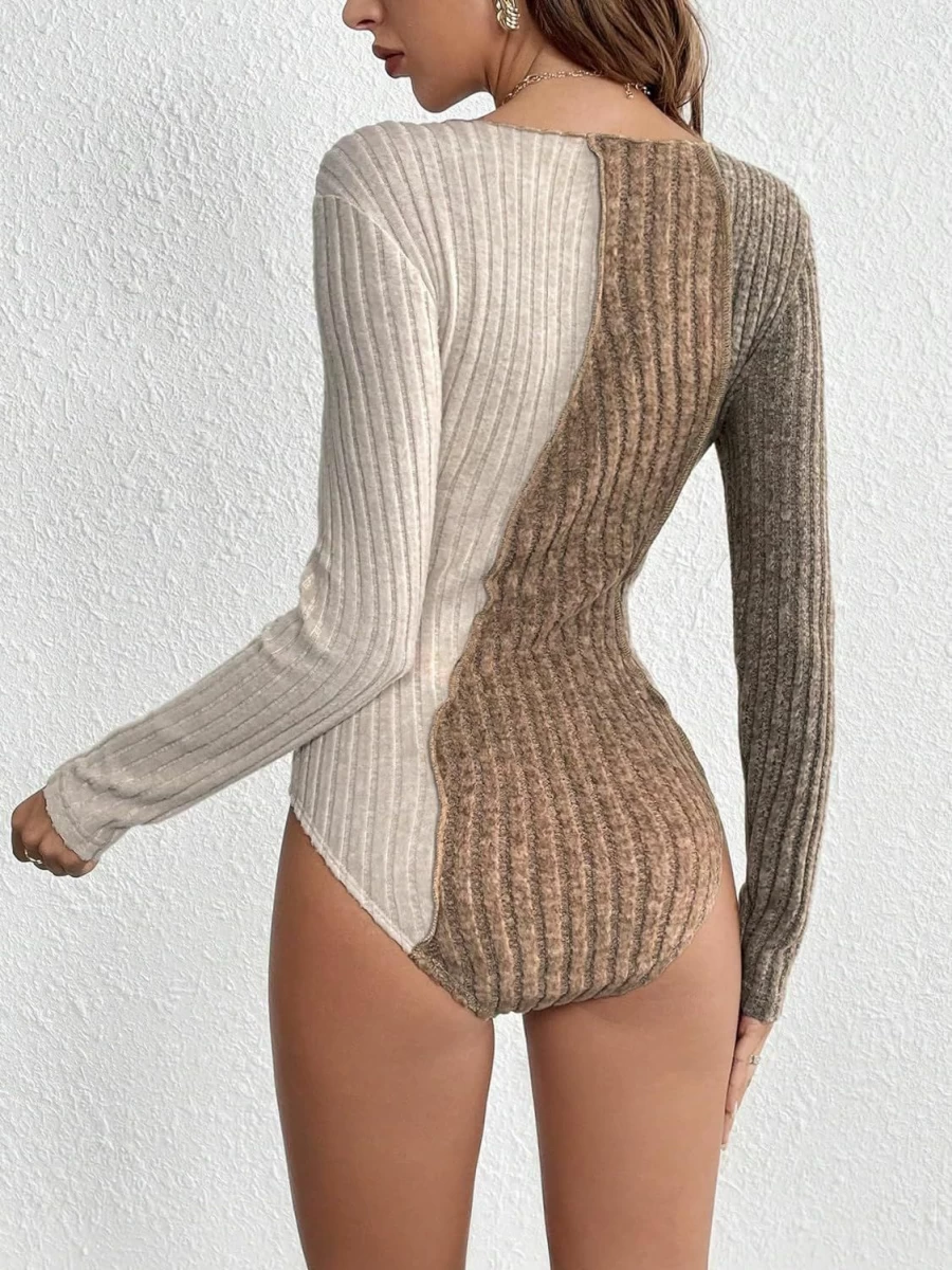WDIRARA Women's Basic Ribbed Knit Bodysuit Top - Long Sleeve Round Neck Color Block Casual T-Shirt