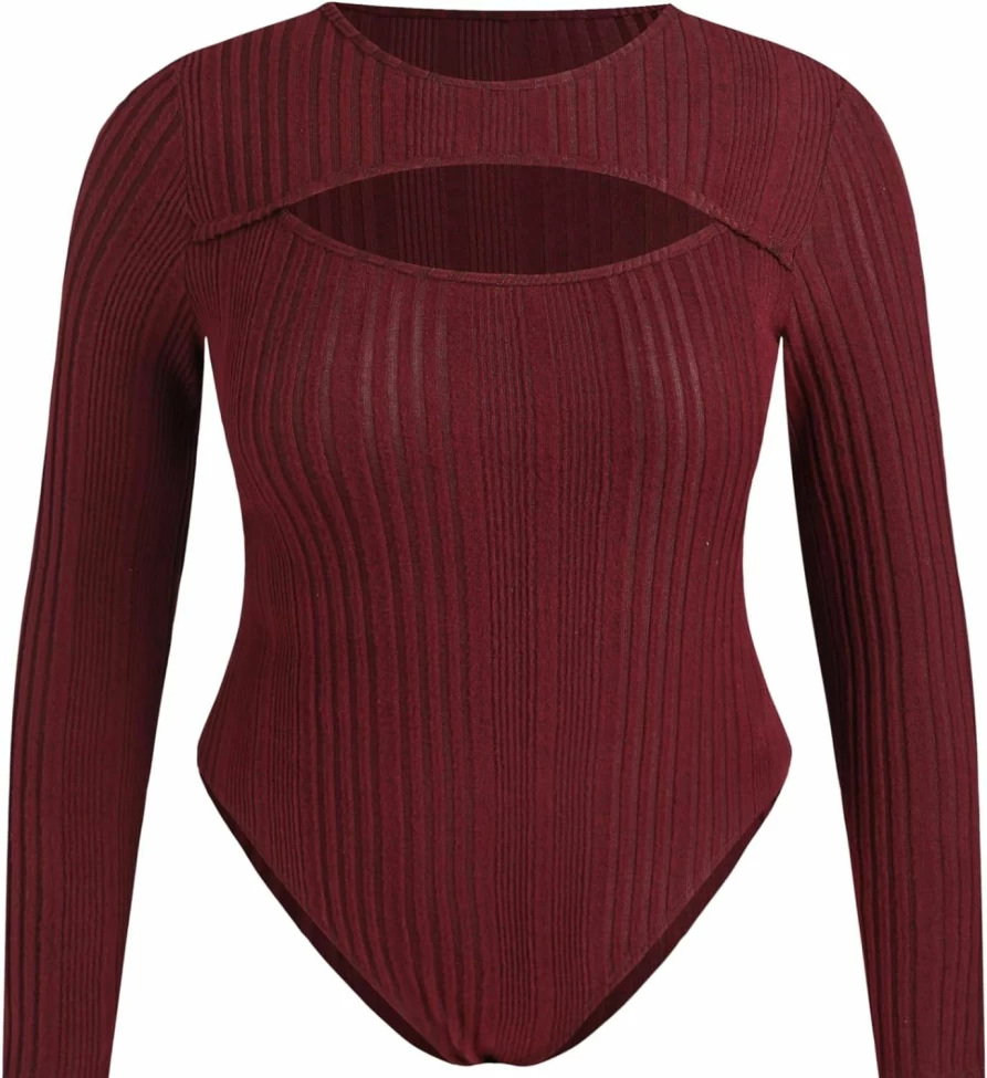 CIDER Plus Size Ribbed Long Sleeve Bodysuit with Cut Out Detail - Curve Hugging Bodycon for Women