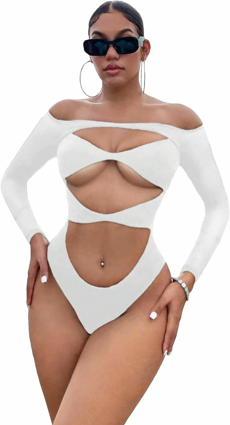 WDIRARA Women's Off-Shoulder Long Sleeve Knitted Bodysuit - Beach Cover Up & Sexy Cut Out Top
