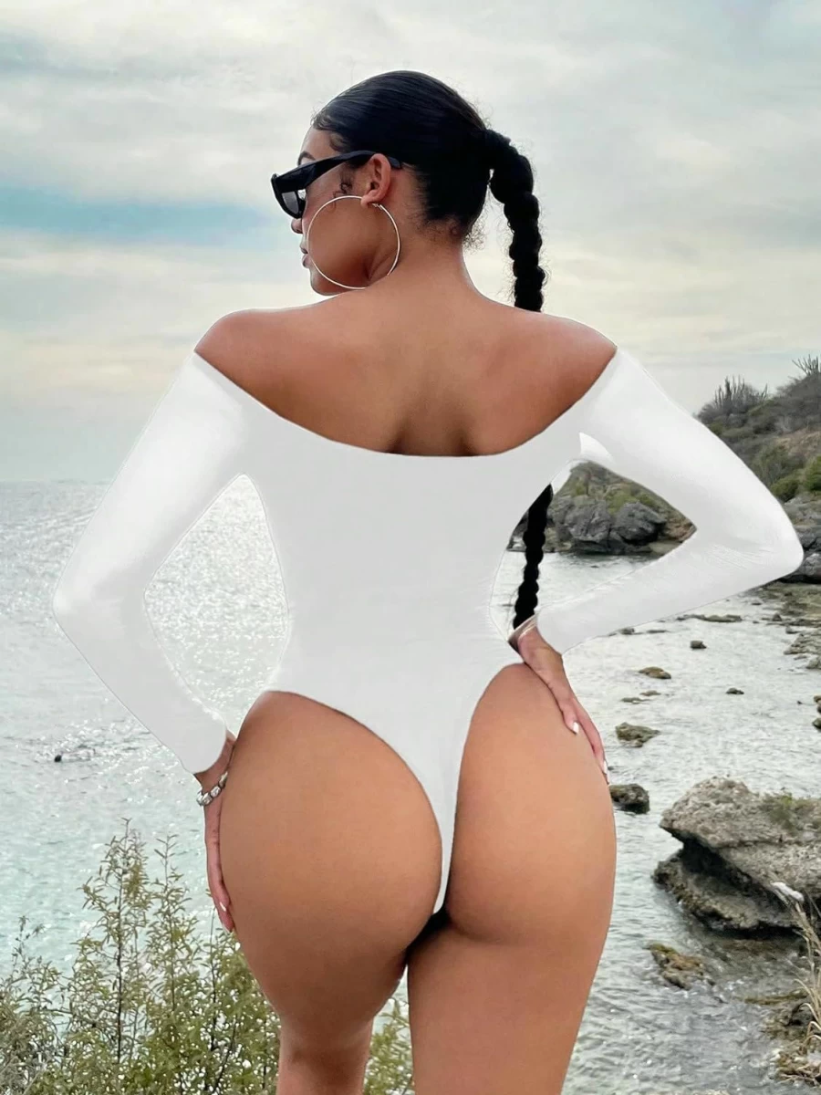 WDIRARA Women's Off-Shoulder Long Sleeve Knitted Bodysuit - Beach Cover Up & Sexy Cut Out Top