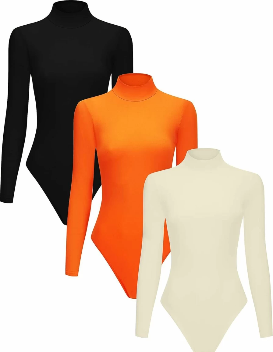 "Chongbaijia Women's 3-Pack Mock Neck Long Sleeve Bodysuit T-Shirts - Stretch Fitted Basic Tops"