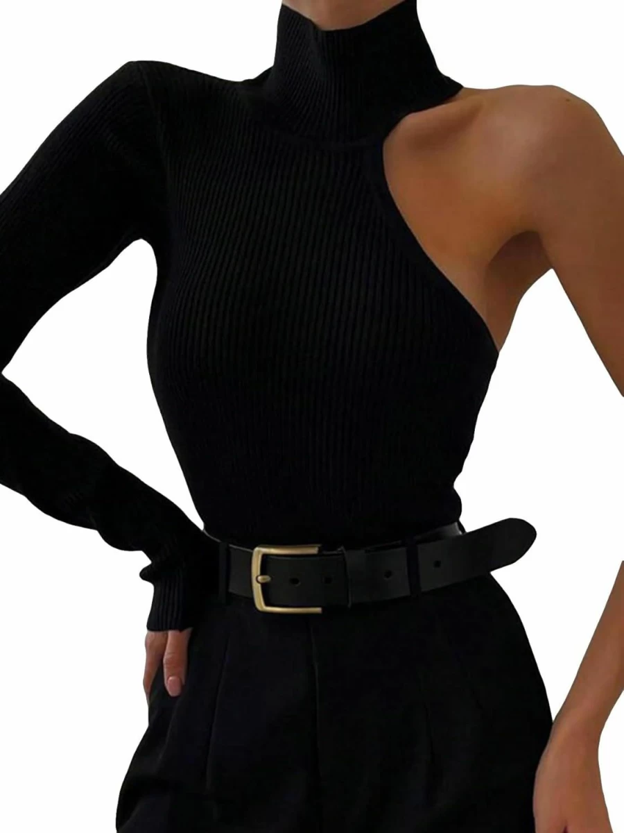 WDIRARA Women's One Shoulder Mock Neck Long Sleeve Bodysuit - Stretchy Rib Knit Bodycon Top for Casual Wear