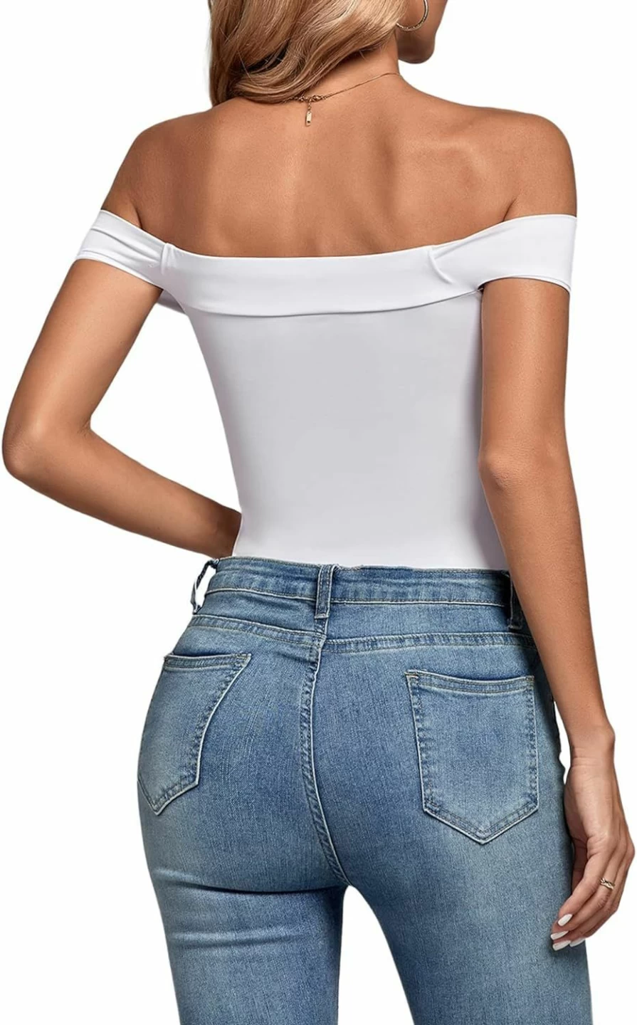 Vrtige Women's Sexy Off-Shoulder Wrap Front Bodysuit Top - Short Sleeve Stretchy Leotard for Women
