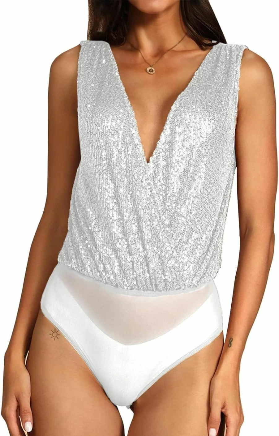 FAIABLE Women's Sparkly Sequin Bodysuit - Sleeveless Deep V Neck Backless Sexy Tank Top