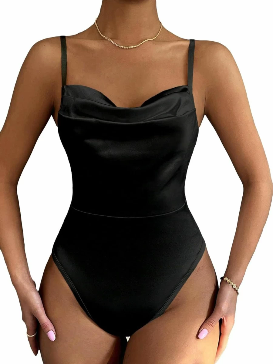 SweatyRocks Women's Backless Cowl Neck Bodysuit - Sleeveless Spaghetti Strap Jumpsuit for Women