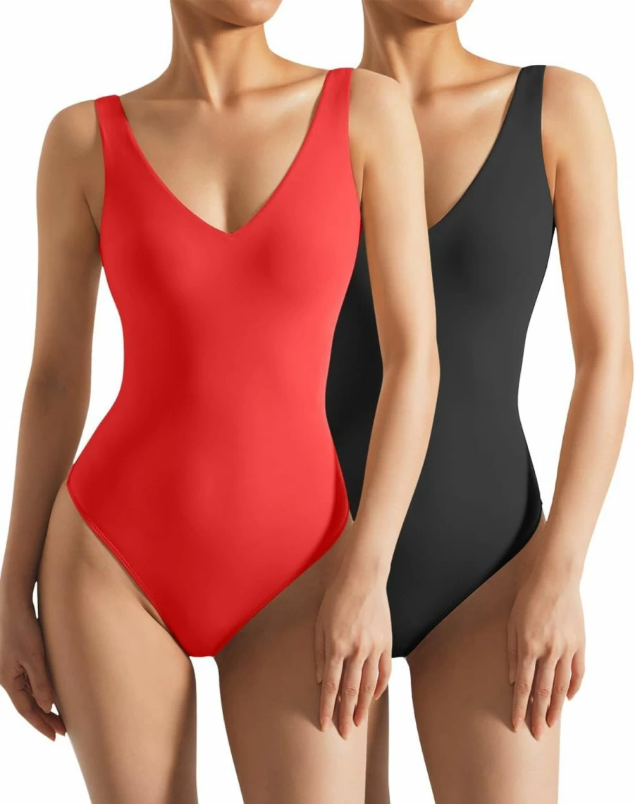 SUUKSESS Women's Sexy V-Neck Backless Bodysuit - Sleeveless Thong Tank Top 2-Piece Set