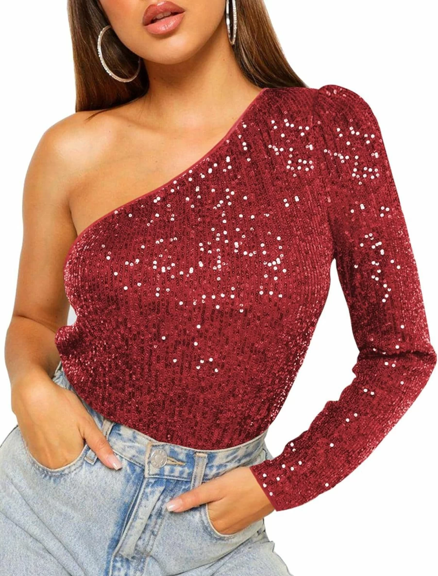 FEOYA Women's Sparkle Sequin One Shoulder Long Sleeve Bodysuit - Glitter Metallic Leotard One Piece Tops