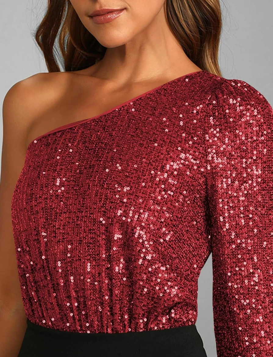 FEOYA Women's Sparkle Sequin One Shoulder Long Sleeve Bodysuit - Glitter Metallic Leotard One Piece Tops