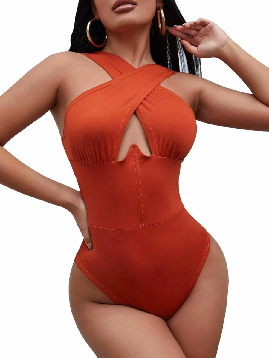 OYOANGLE Women's Slim Fit Crisscross Halter Bodysuit - Solid Sleeveless Tops for Women