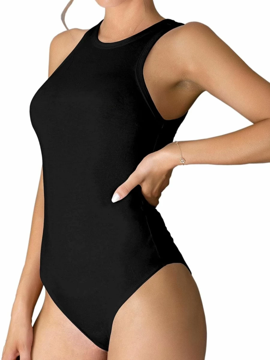 MANGDIUP Women's Slim Fit Sleeveless Cotton Bodysuit - Stretch Crewneck Tank Top Jumpsuit in Black (3X-Large)
