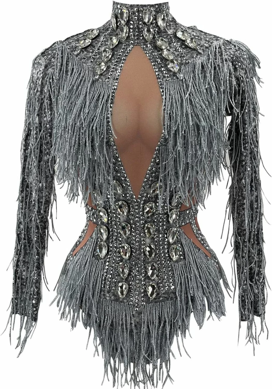 Yoyomomozi Sparkling Rhinestone Fringe Bodysuit - Silver Sequin Dance Outfit for Women, Long Sleeve Performance Costume for Birthday Party & Bar Performances