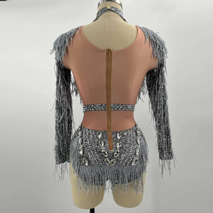 Yoyomomozi Sparkling Rhinestone Fringe Bodysuit - Silver Sequin Dance Outfit for Women, Long Sleeve Performance Costume for Birthday Party & Bar Performances
