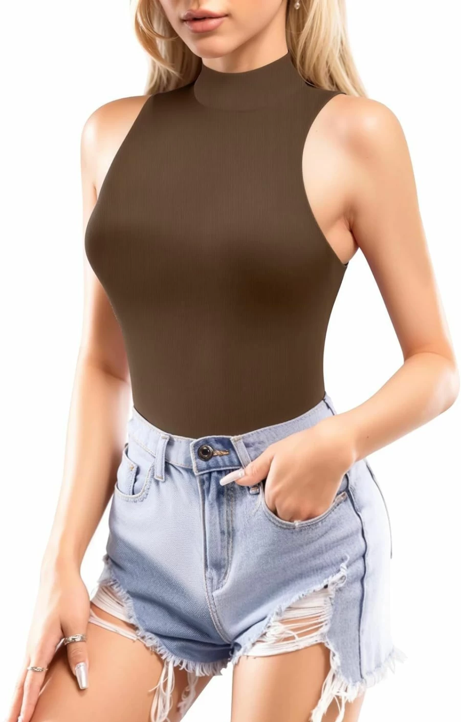 MANGOPOP Women's Ribbed Mock Turtleneck Bodysuit - Sleeveless Slim Fit Stretch Jumpsuit Top