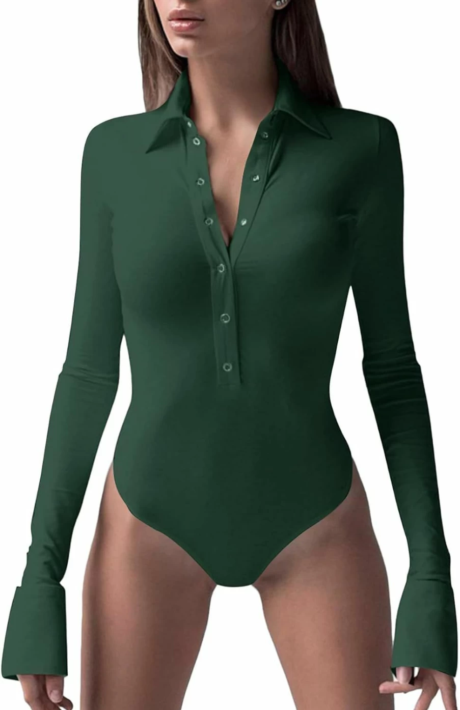LYANER Women's Slim Fit Long Sleeve Button Down Collar Bodysuit Tops