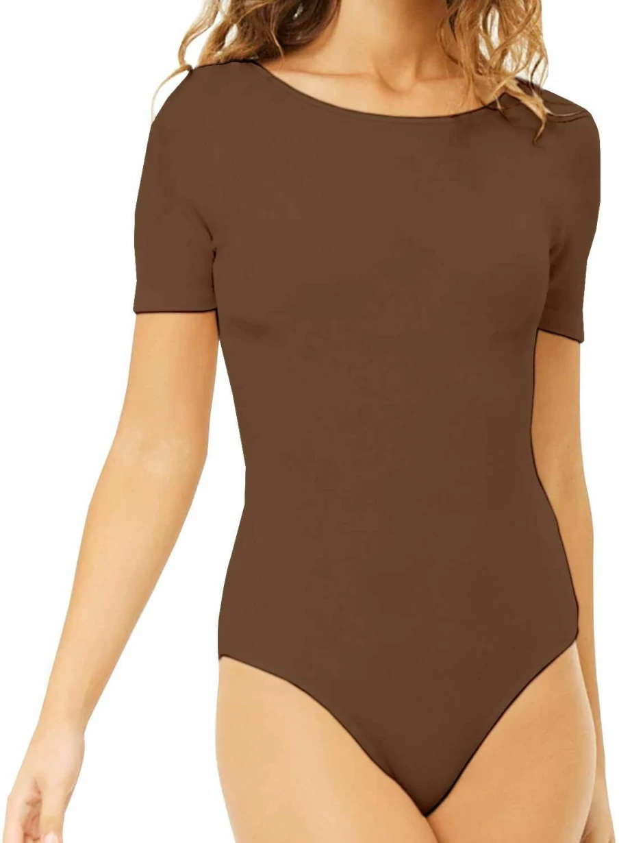 MANGDIUP Women's Short Sleeve Round Neck Bodysuit - Comfortable Crew Neck Jumpsuit for Women