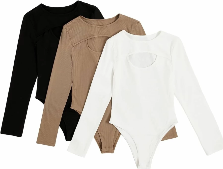 OYOANGLE Women's 3 Pack Long Sleeve Round Neck Bodysuit Tops - Solid Casual Cut Out Tee Shirts