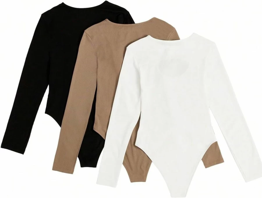 OYOANGLE Women's 3 Pack Long Sleeve Round Neck Bodysuit Tops - Solid Casual Cut Out Tee Shirts