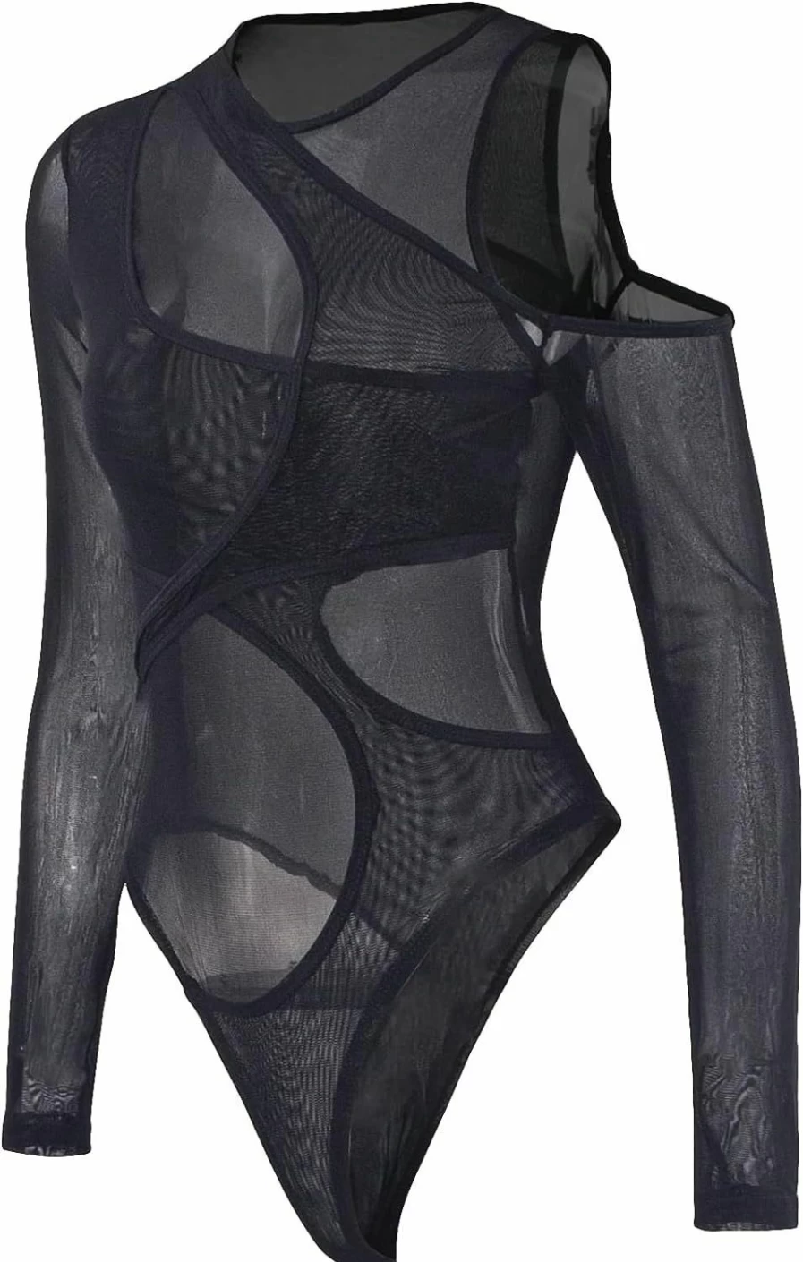 GORGLITTER Women's Sheer Mesh Leotard Bodysuit - Asymmetrical Neck Long Sleeve Cut Out Jumpsuit for Women