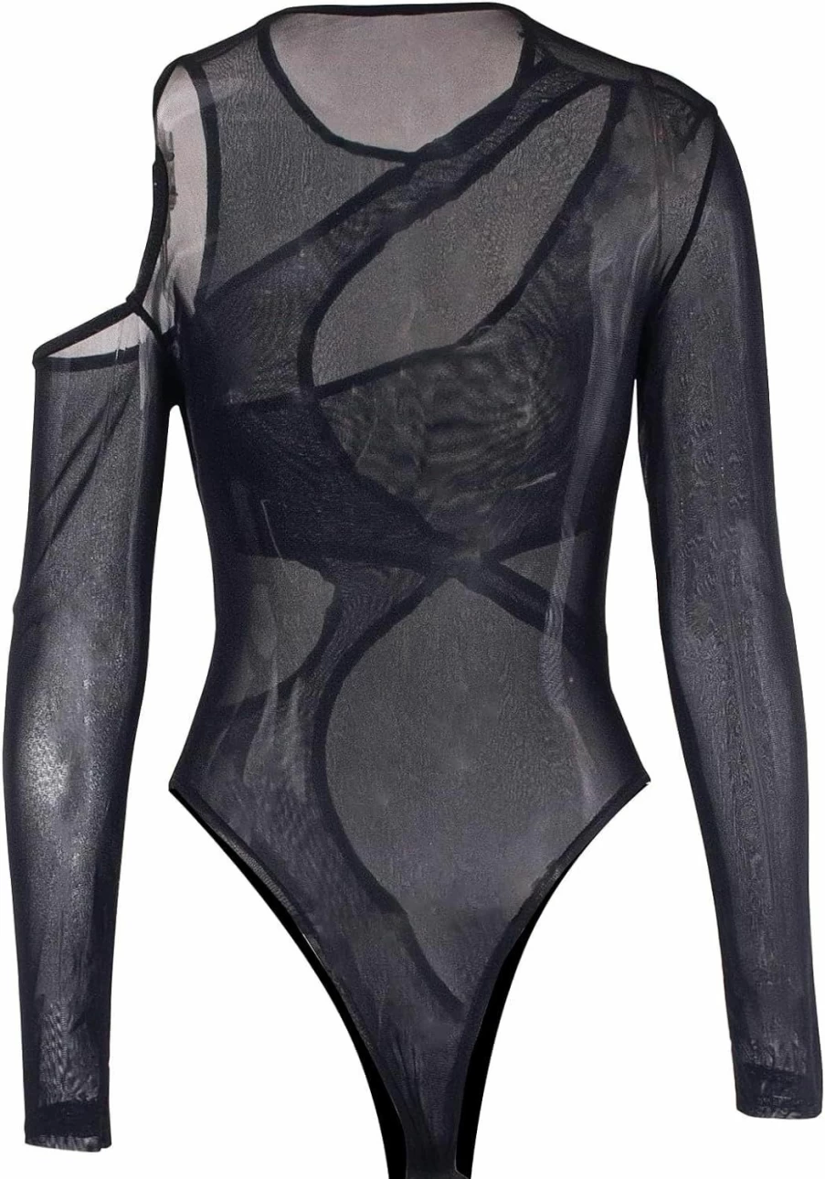 GORGLITTER Women's Sheer Mesh Leotard Bodysuit - Asymmetrical Neck Long Sleeve Cut Out Jumpsuit for Women