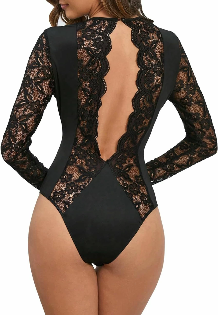 WDIRARA Women's Floral Lace Bodysuit - Long Sleeve Round Neck Backless Mesh Top with Button Tie Detail