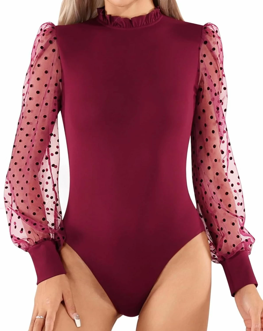 MANGOPOP Women's Polka Dot Mesh Bodysuit - Ruffle Mock Neck Long Sleeve Sheer Blouse Top