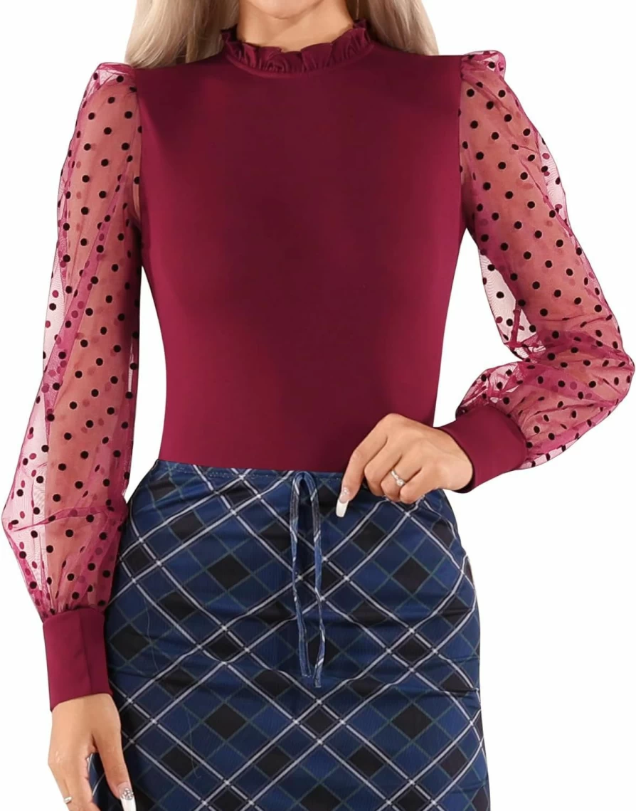 MANGOPOP Women's Polka Dot Mesh Bodysuit - Ruffle Mock Neck Long Sleeve Sheer Blouse Top