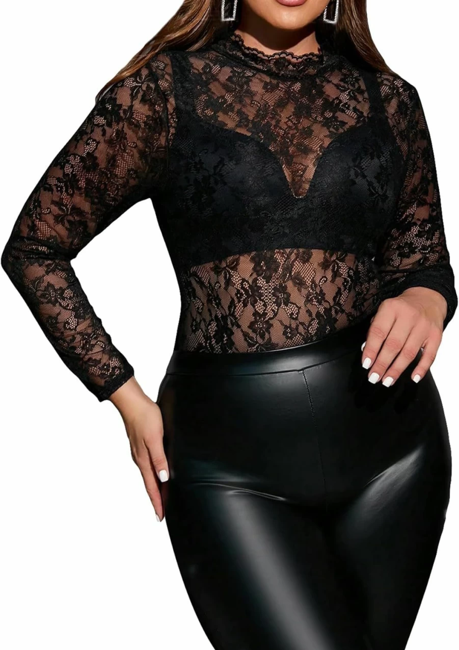Milumia Plus Size Lace Bodysuit for Women - Long Sleeve Mock Neck Sheer Top Sexy Lingerie T-Shirt