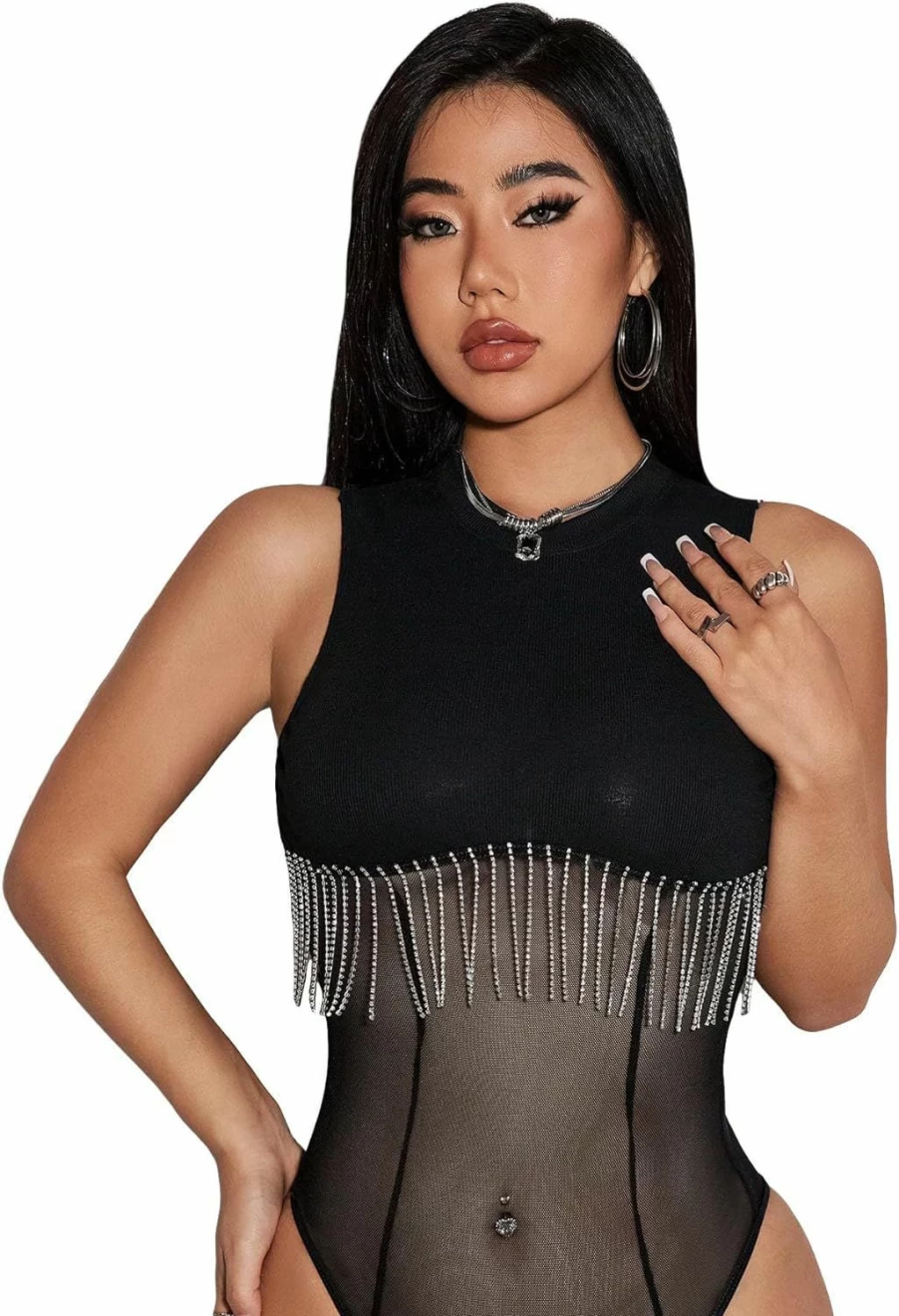 WDIRARA Women's Sparkling Rhinestone Fringe Mesh Bodysuit - Sheer Sleeveless Party Tank Top for Nightclub & Evening Events
