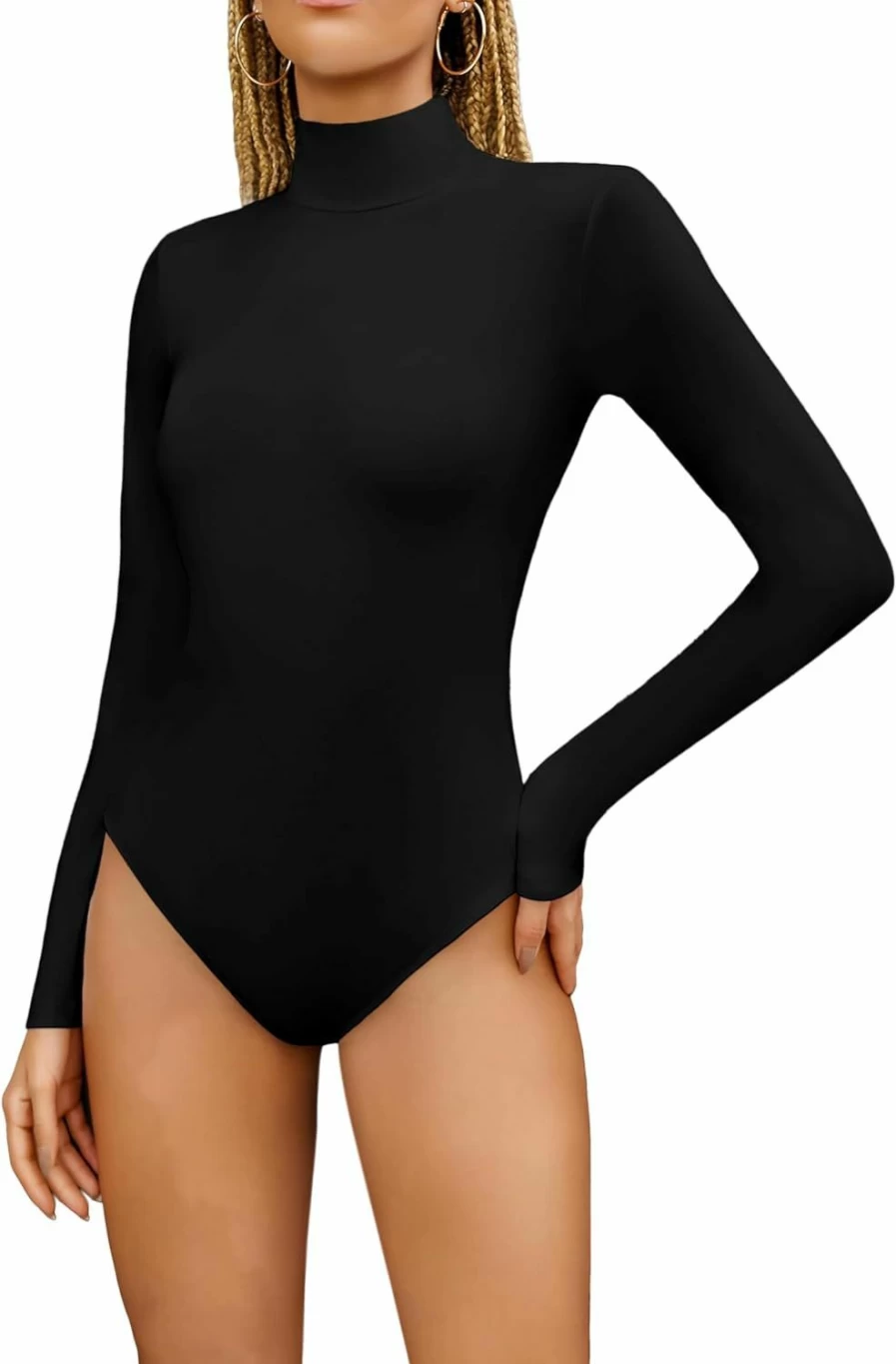xxxHOLIC Women's High Neck Long Sleeve Bodysuit - Winter White Stretch Basic Turtleneck Bodycon Suit
