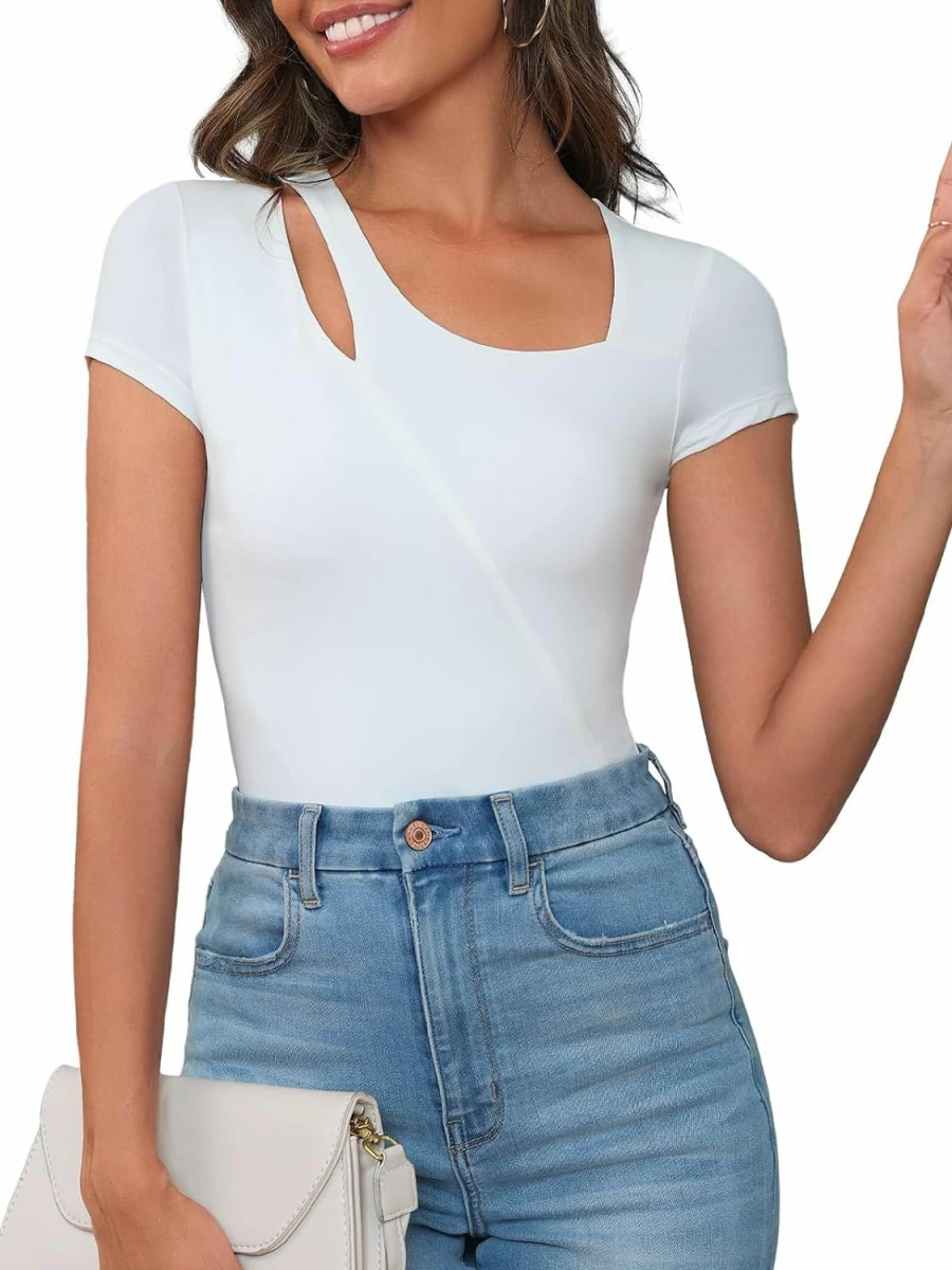 DEOLINA Women's Sexy Square Neck Cutout Bodysuit - Short Sleeve Blouse & Leotard Tops for Women