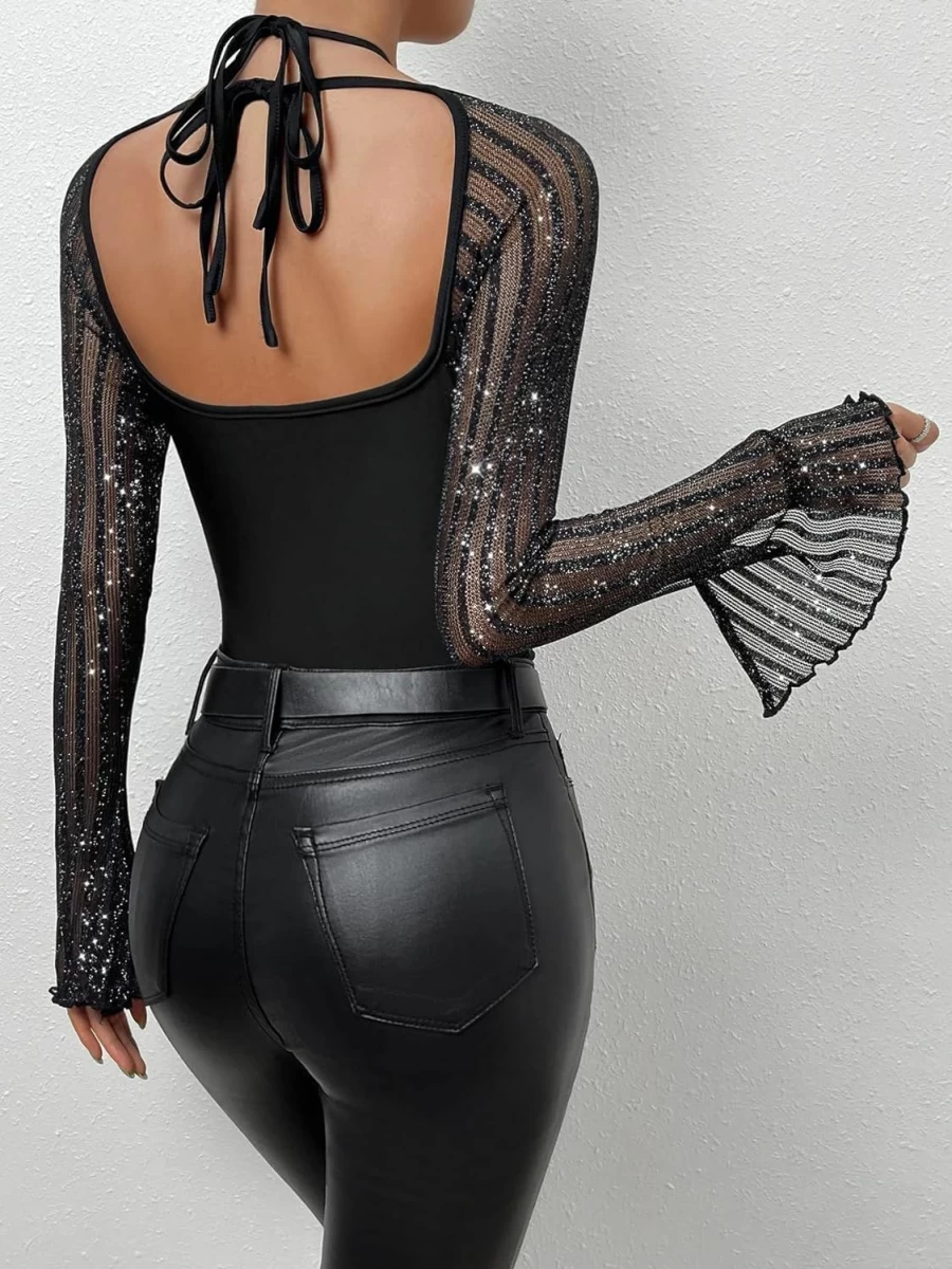Floerns Women's Backless Halter Neck Bodysuit - Long Sleeve Mesh Top with Flounce Detail and Tie Closure