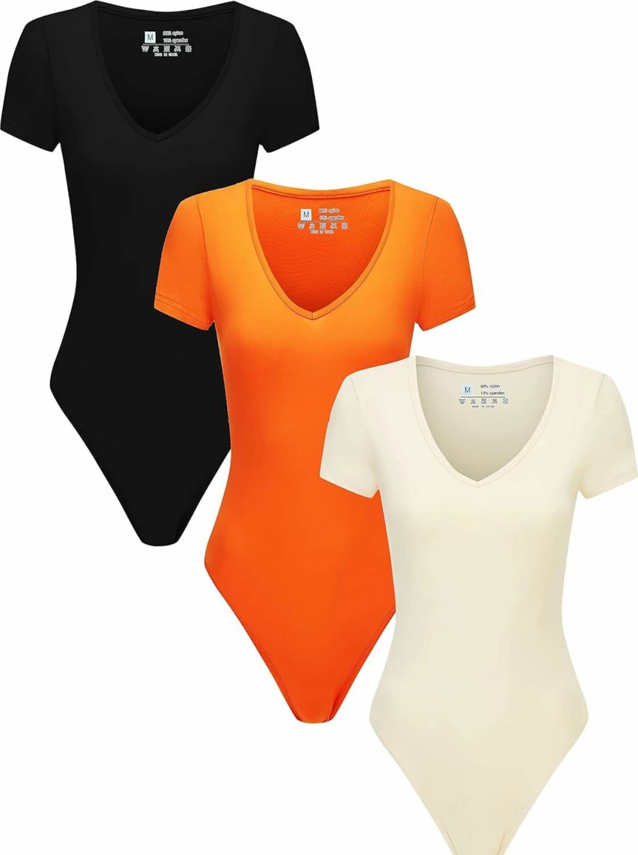 "Chongbaijia Women's 3-Piece V-Neck Short Sleeve Bodysuit Set - Stretchy Basic Tops"