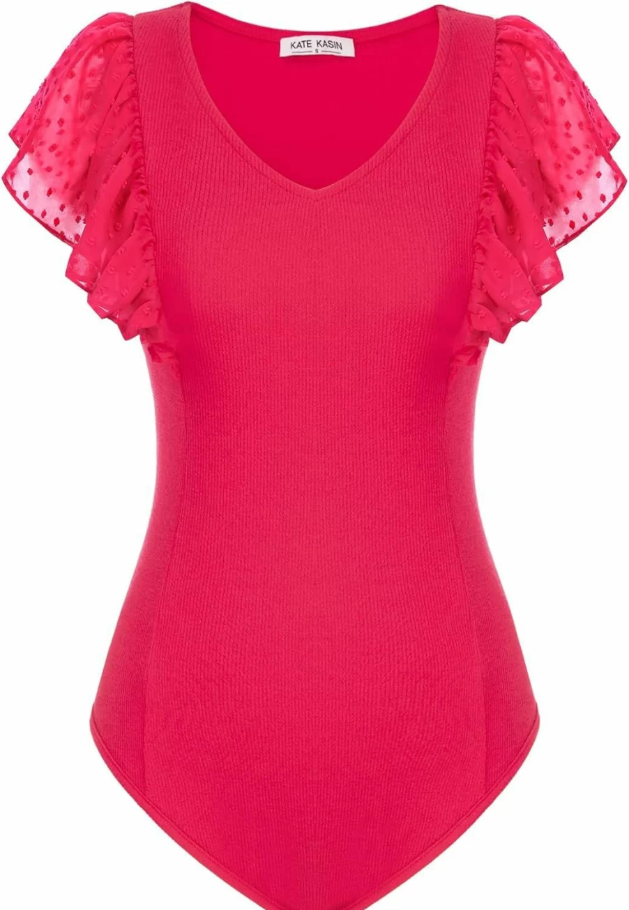 Kate Kasin Women's V Neck Ruffle Short Sleeve Bodysuit - Swiss Dot Ribbed Knit Slim Fit Leotard Top