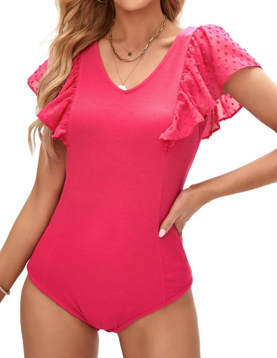Kate Kasin Women's V Neck Ruffle Short Sleeve Bodysuit - Swiss Dot Ribbed Knit Slim Fit Leotard Top