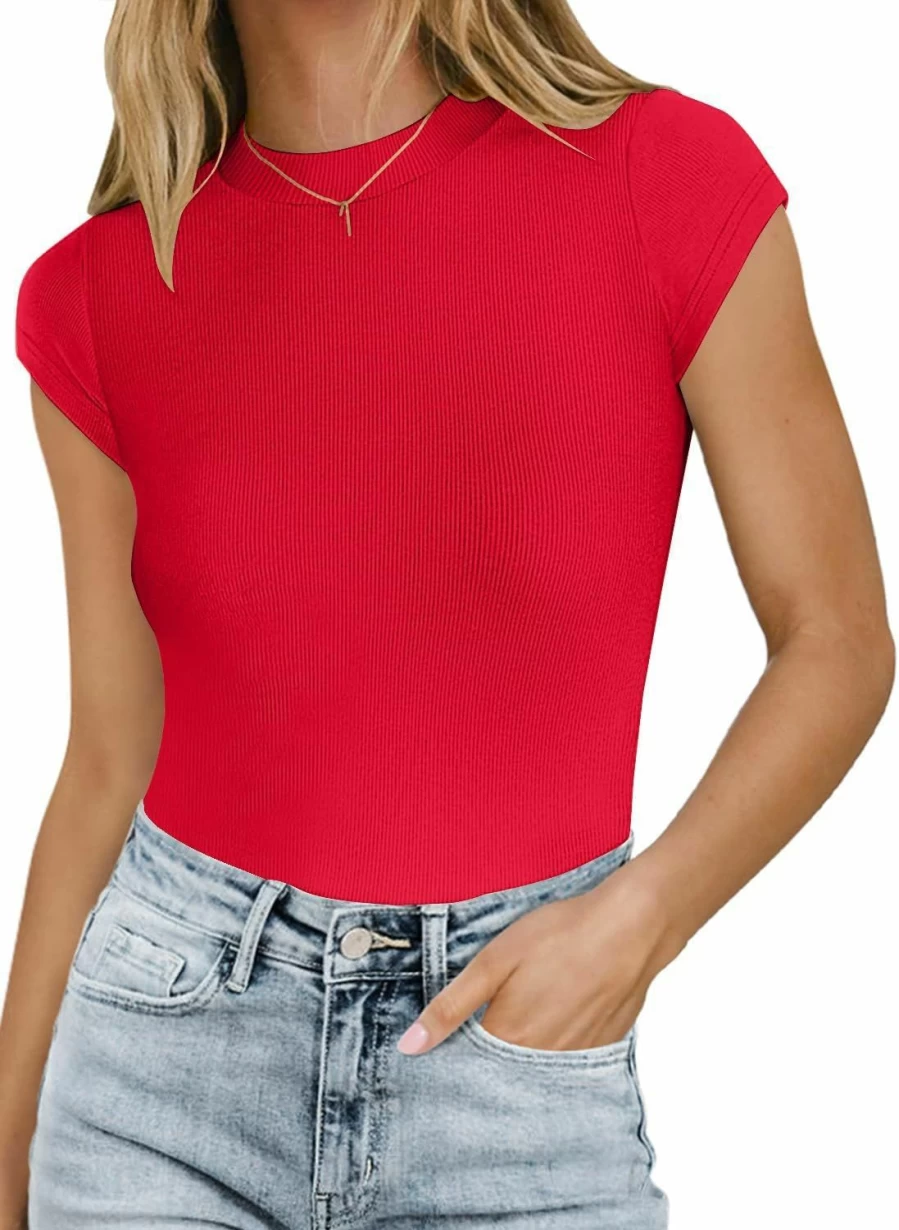 MISSJOY Women's Ribbed Slim Fit Bodysuit Top - Stretchy Crew Neck Short Sleeve Casual T-Shirt