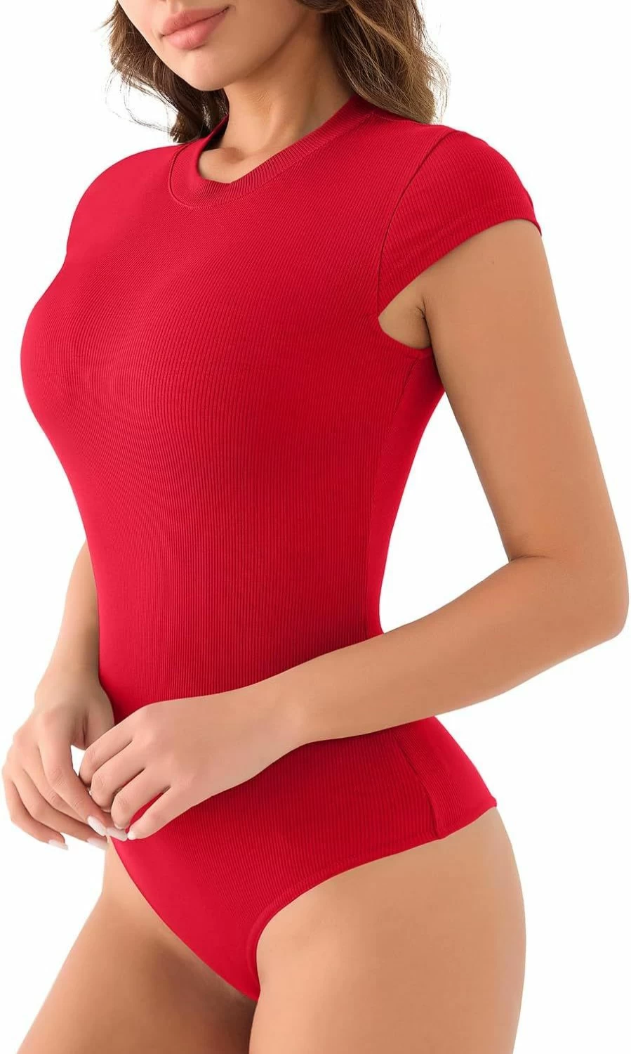 MISSJOY Women's Ribbed Slim Fit Bodysuit Top - Stretchy Crew Neck Short Sleeve Casual T-Shirt
