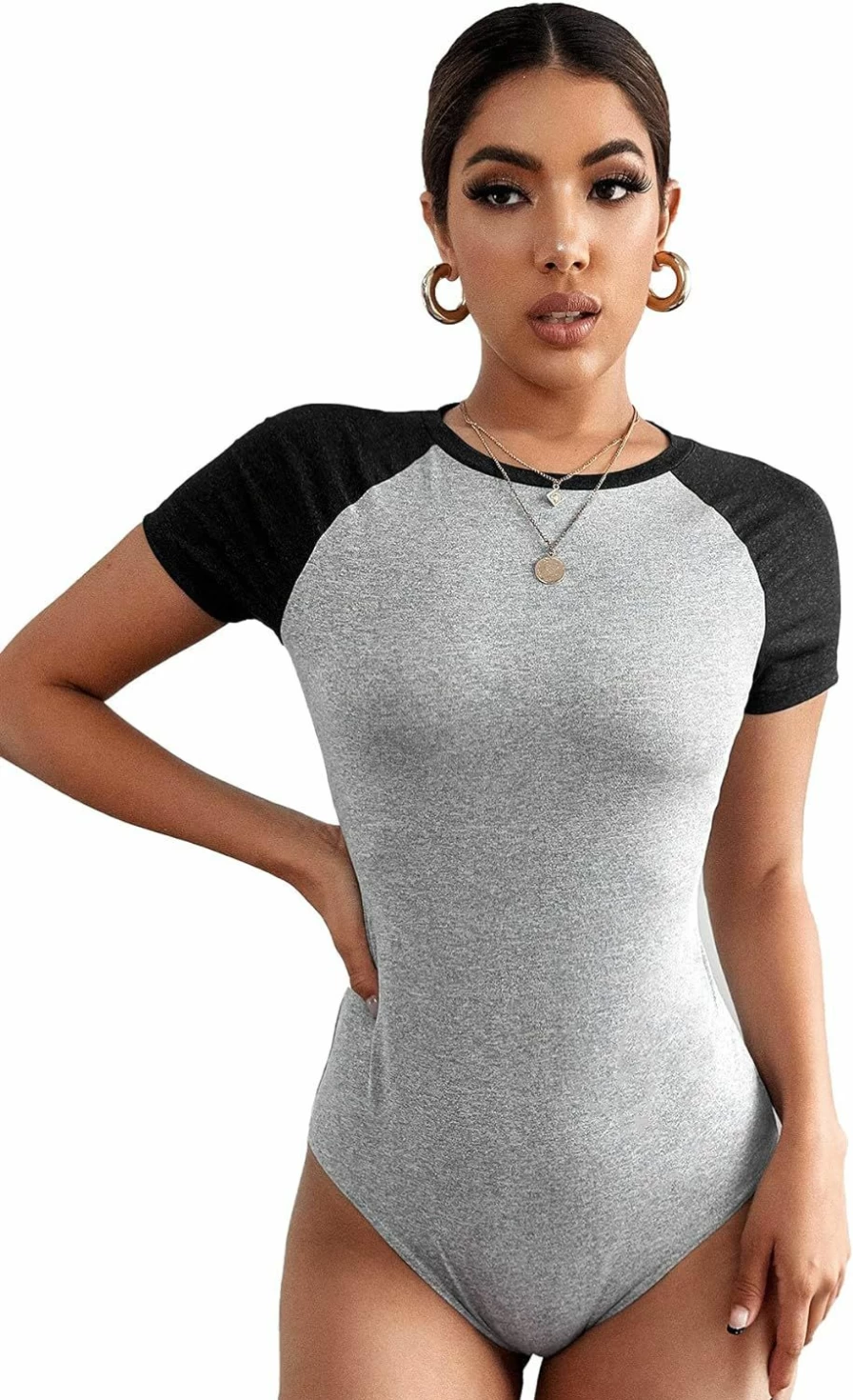 Floerns Women's Casual Short Sleeve Bodysuit - Stretch Round Neck T-Shirt Top