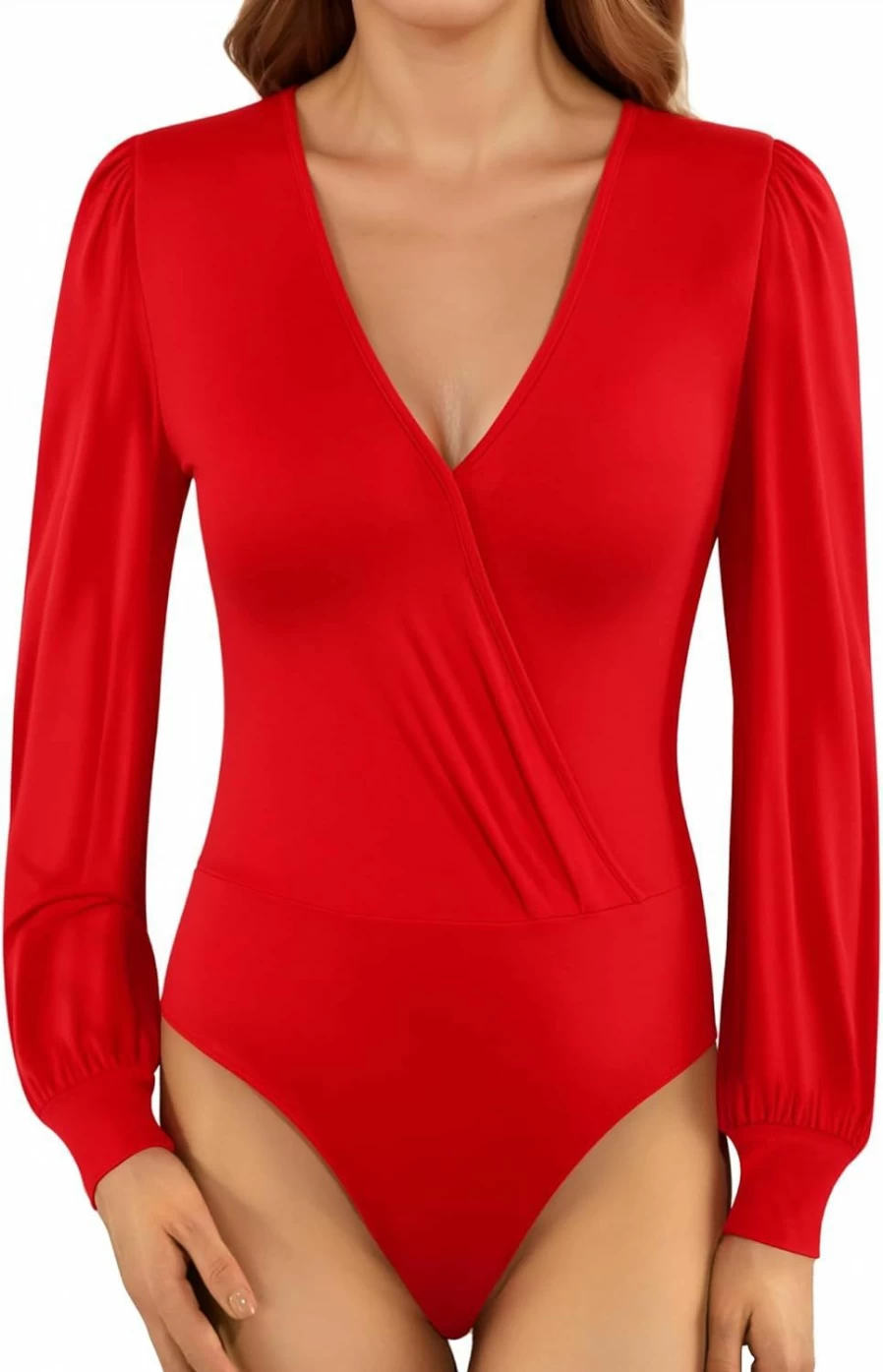 MANGOPOP Women's Deep V Neck Cross Wrap Long Sleeve Bodysuit - Casual Loose Blouse for Going Out