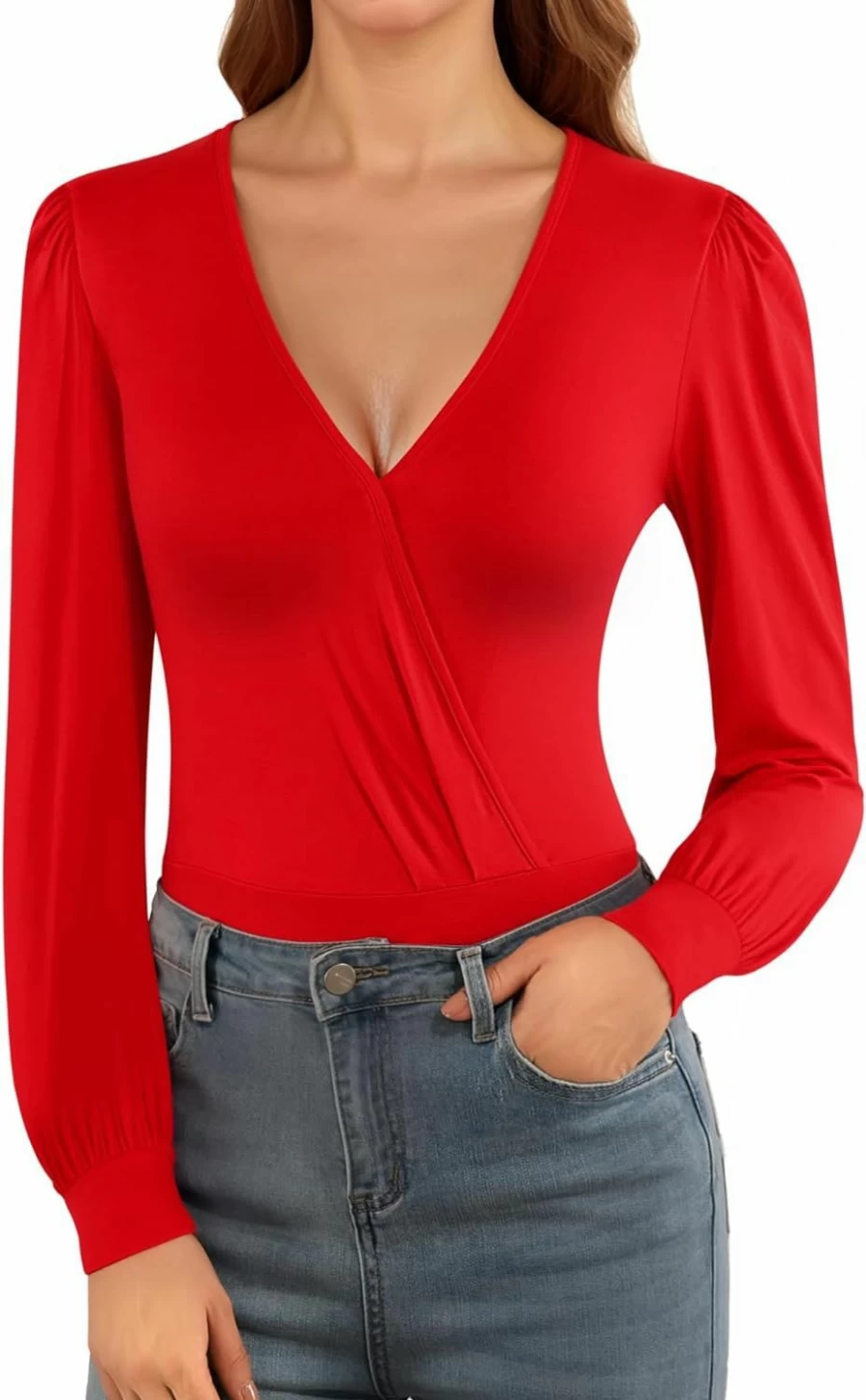 MANGOPOP Women's Deep V Neck Cross Wrap Long Sleeve Bodysuit - Casual Loose Blouse for Going Out