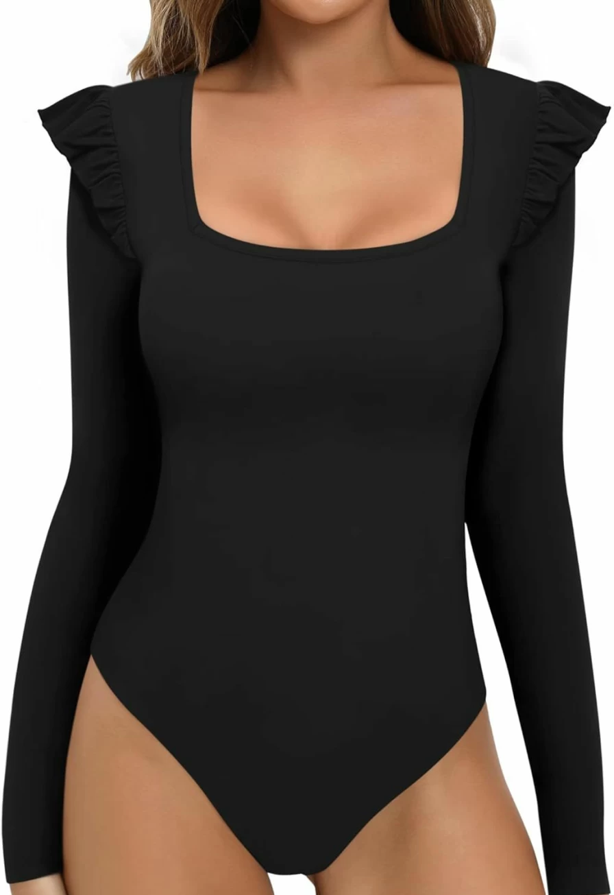 ALGALAROUND Women's Slim Fit Square Neck Bodysuit - Basic Short & Long Sleeve Tops for Women