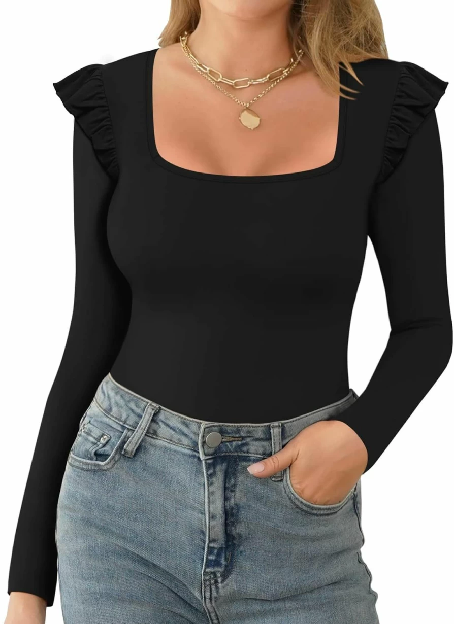 ALGALAROUND Women's Slim Fit Square Neck Bodysuit - Basic Short & Long Sleeve Tops for Women