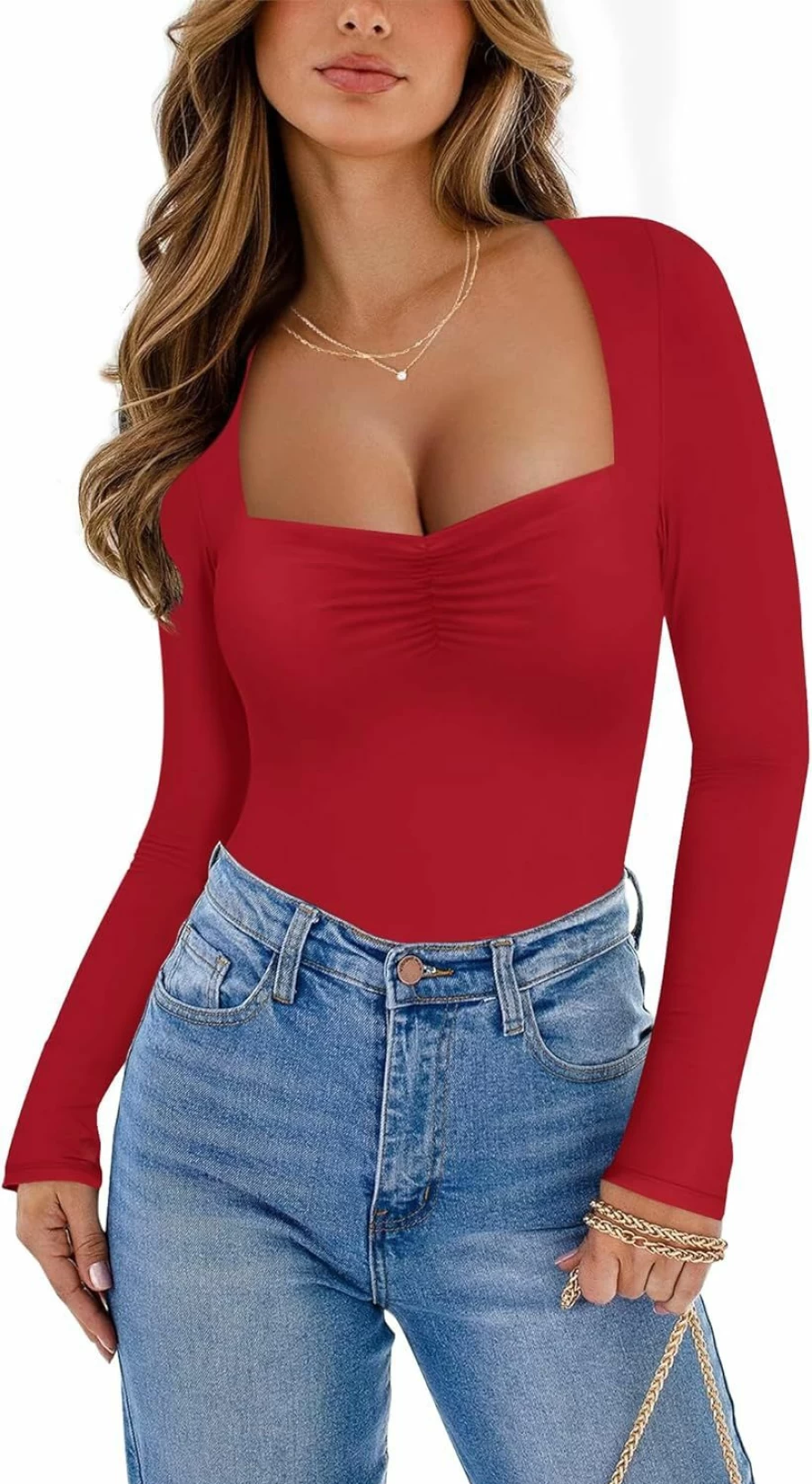 Kentysill Women's Double Lined Basic Bodysuit - Sweetheart Neck, Long Sleeve Pleated Tops for Going Out