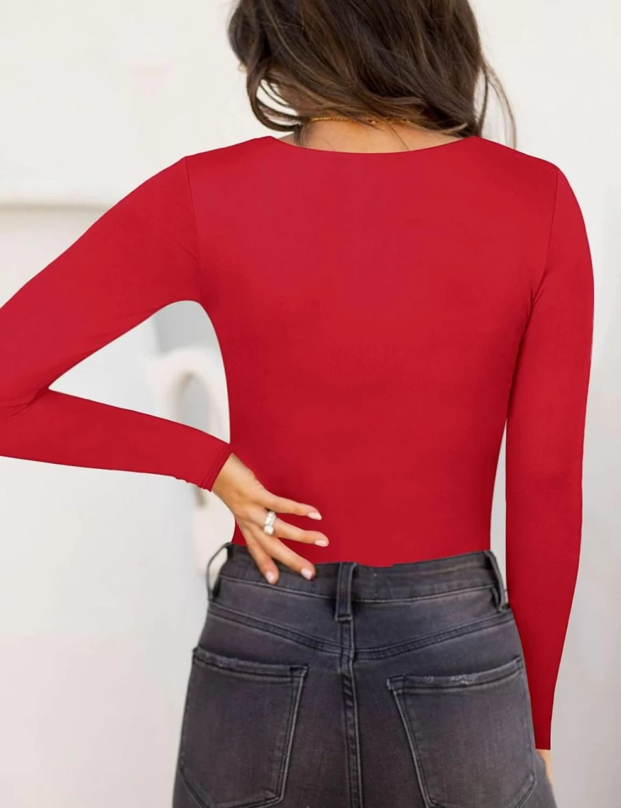 Kentysill Women's Double Lined Basic Bodysuit - Sweetheart Neck, Long Sleeve Pleated Tops for Going Out